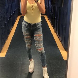 American Eagle, low rise, ripped jeans.